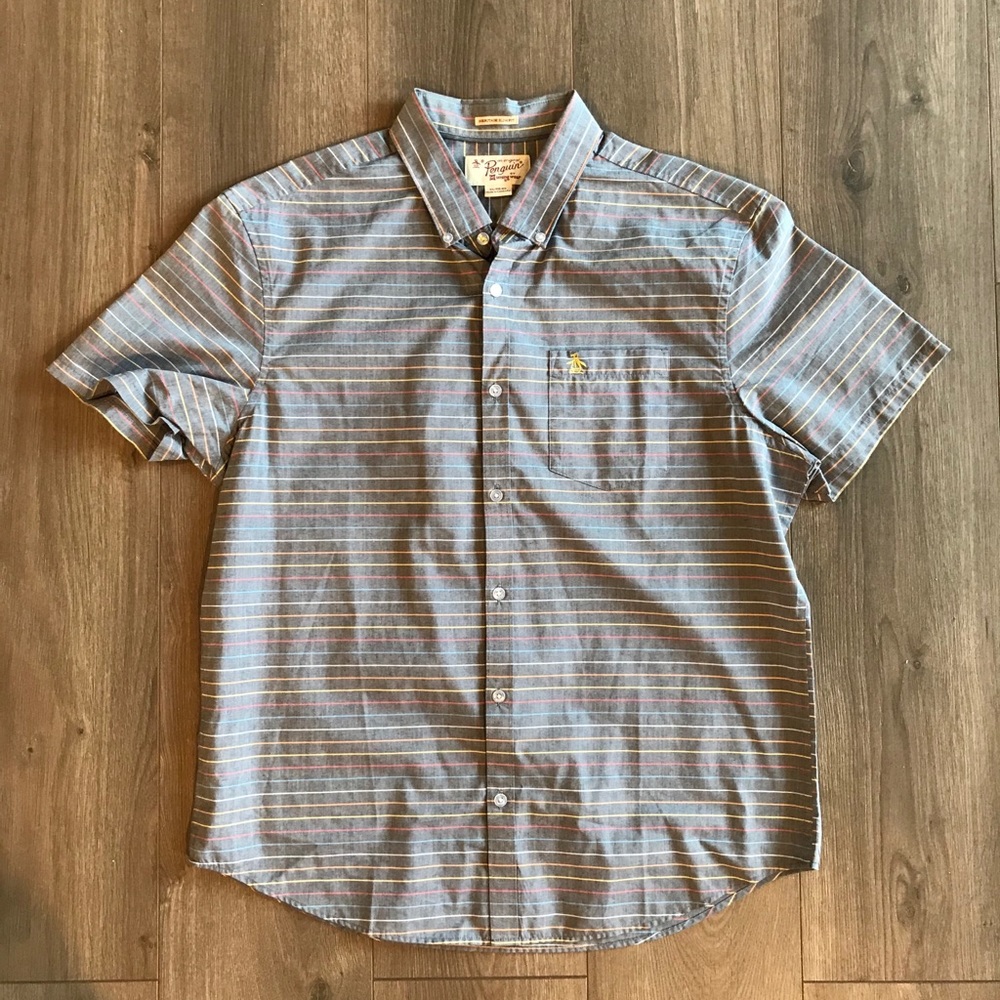 Penguin Gray Pink Yellow Mens Dress Shirt Button